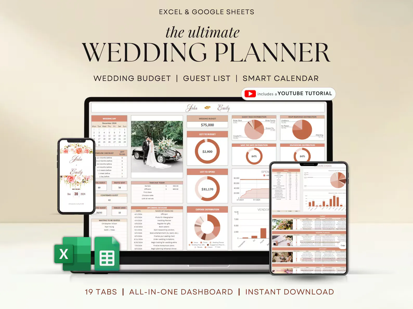 Wedding planner spreadsheet preview showcasing professional organization and comprehensive planning features